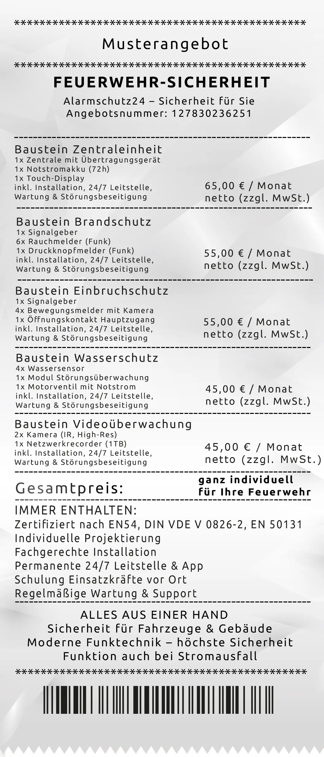 Musterangebot Feuerwehr – Übersicht der fünf Sicherheitsbausteine